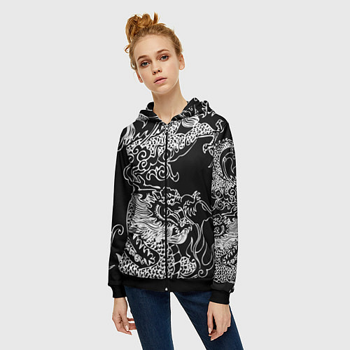 Женская толстовка на молнии Белый дракон на черном / 3D-Черный – фото 3