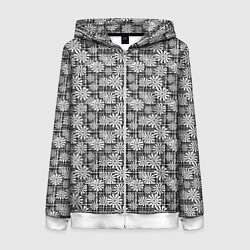 Женская толстовка на молнии Белые ромашки на клетчатом черно белом фоне