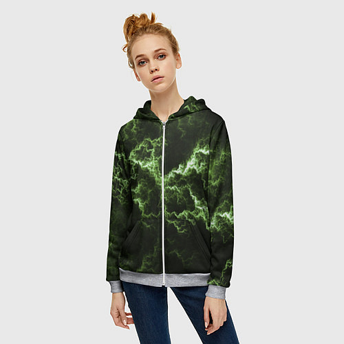 Женская толстовка на молнии Lightning green glow / 3D-Меланж – фото 3