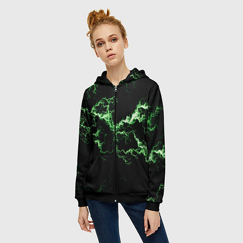 Женская толстовка на молнии Lightning green glow / 3D-Черный – фото 3