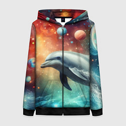 Толстовка на молнии женская Галактический дельфин - неоновый космос, цвет: 3D-черный