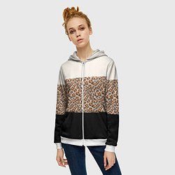 Толстовка на молнии женская Леопардовый паттерн с черной и бежевой полосой, цвет: 3D-белый — фото 2