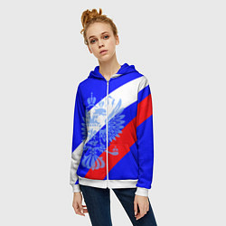 Толстовка на молнии женская Герб России на фоне триколора синий, цвет: 3D-белый — фото 2