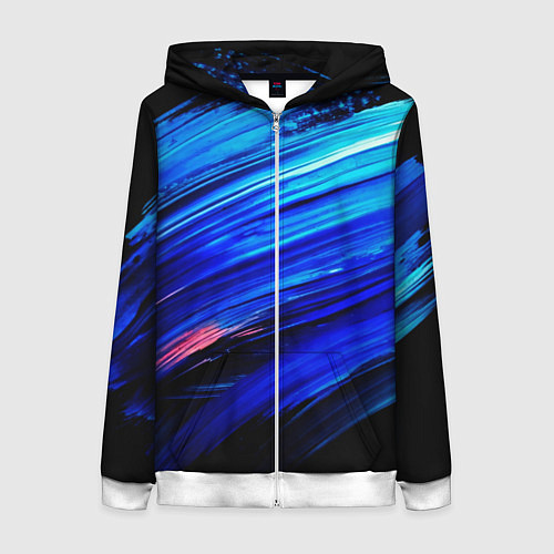 Женская толстовка на молнии Синии кисти краски на черном / 3D-Белый – фото 1