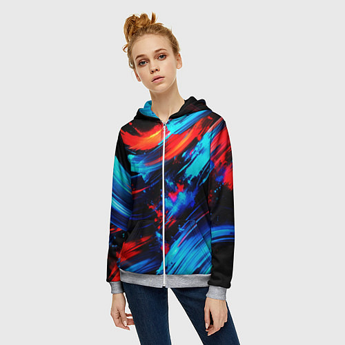 Женская толстовка на молнии Синие и красные мазки краски на черном / 3D-Меланж – фото 3