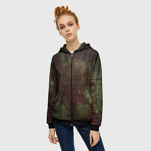 Женская толстовка на молнии Абстракция - green fabric soaked in red paint / 3D-Черный – фото 3