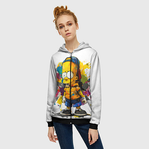 Женская толстовка на молнии Рисунок красками Барт Симпсон / 3D-Черный – фото 3