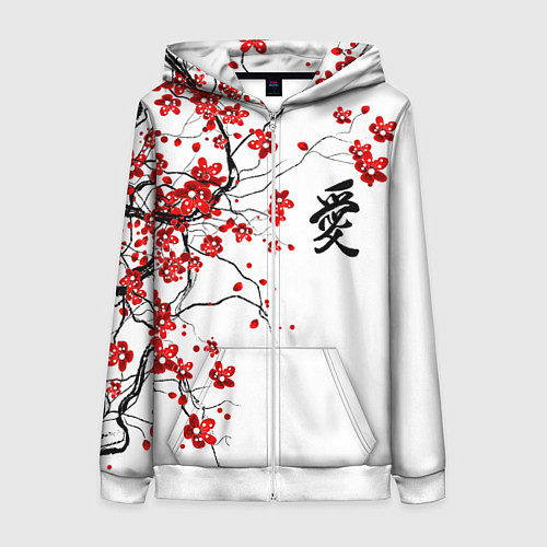 Женская толстовка на молнии Сакура с иероглифом Любовь / 3D-Белый – фото 1