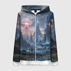 Толстовка на молнии женская Фантастический мир с медузами и озеро у гор, цвет: 3D-белый