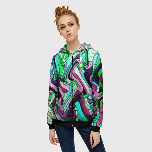 Женская толстовка на молнии Зелёно-розовый искажённая абстракция / 3D-Черный – фото 3