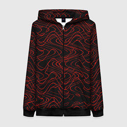 Толстовка на молнии женская Чёрный с красными волнистыми линиями абстракция, цвет: 3D-черный