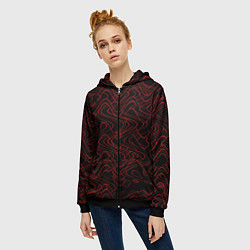 Толстовка на молнии женская Чёрный с красными волнистыми линиями абстракция, цвет: 3D-черный — фото 2