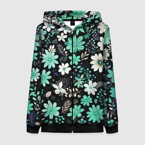 Женская толстовка на молнии Чёрный в зелёный цветочек стилизованный / 3D-Черный – фото 1