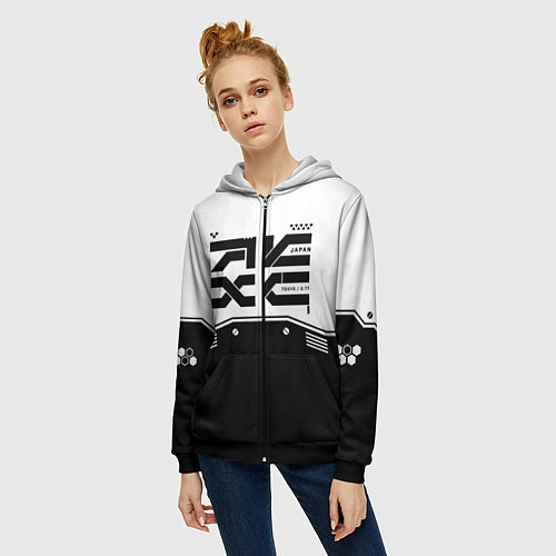 Женская толстовка на молнии Кибер текстура - черно белая / 3D-Черный – фото 3