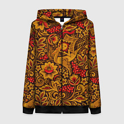 Толстовка на молнии женская Летучий корабль в стиле хохломской росписи, цвет: 3D-черный