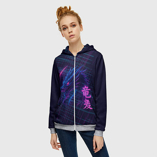 Женская толстовка на молнии Неоновый дракон - арт / 3D-Меланж – фото 3