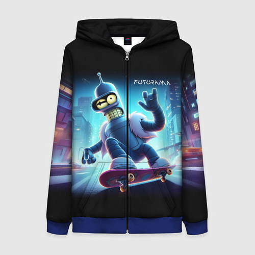 Женская толстовка на молнии Bender is a skateboarder in neon street - ai art / 3D-Синий – фото 1