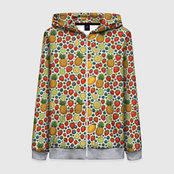 Толстовка на молнии женская Фрукты и ягоды в паттерне, цвет: 3D-меланж