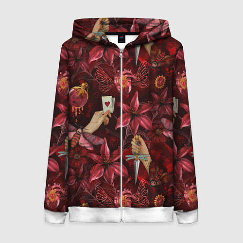 Женская толстовка на молнии Бордовая готика с сердцем, лилиями и мотыльками / 3D-Белый – фото 1
