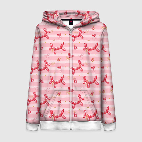 Женская толстовка на молнии Красные шарики-собачки на розовых полосках / 3D-Белый – фото 1
