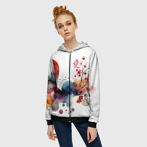 Женская толстовка на молнии Абстрактный Японский паттерн и иероглиф любовь / 3D-Черный – фото 3