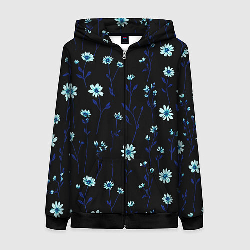 Женская толстовка на молнии Паттерн с маленькими синими цветами / 3D-Черный – фото 1