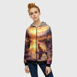 Толстовка на молнии женская Котёнок на камушке глядит на золотые лучи, цвет: 3D-черный — фото 2