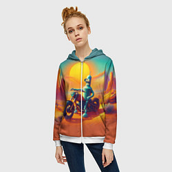 Толстовка на молнии женская Робот Бендер на мотоцикле в пустыне, цвет: 3D-белый — фото 2