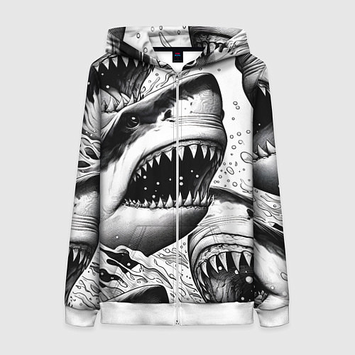Женская толстовка на молнии Белая акула - стая / 3D-Белый – фото 1