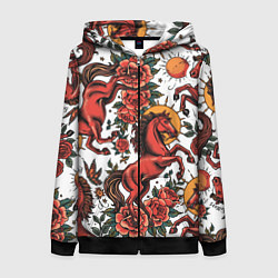 Толстовка на молнии женская Красный конь в стиле татуировки, цвет: 3D-черный