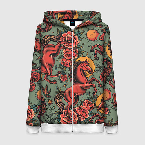 Женская толстовка на молнии Красный конь и розы / 3D-Белый – фото 1