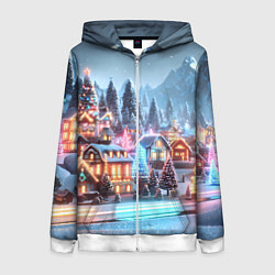 Толстовка на молнии женская Городок в новогодних огоньках, цвет: 3D-белый