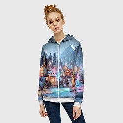 Толстовка на молнии женская Городок в новогодних огоньках, цвет: 3D-белый — фото 2