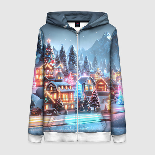 Женская толстовка на молнии Городок в новогодних огоньках / 3D-Белый – фото 1