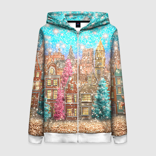 Женская толстовка на молнии Новогодний город в блестках / 3D-Белый – фото 1