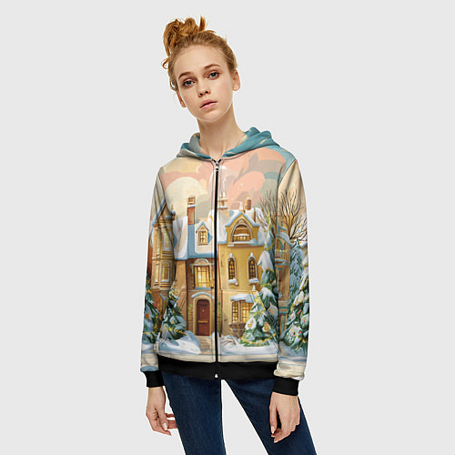 Женская толстовка на молнии Новогодний город / 3D-Черный – фото 3