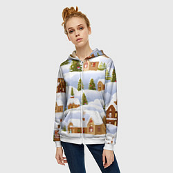 Толстовка на молнии женская Новогодние домики и елочки, цвет: 3D-белый — фото 2