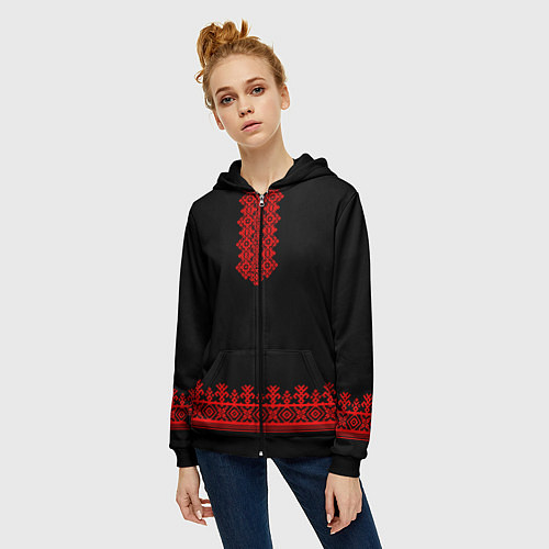 Женская толстовка на молнии Славянская вышиванка рубаха / 3D-Черный – фото 3
