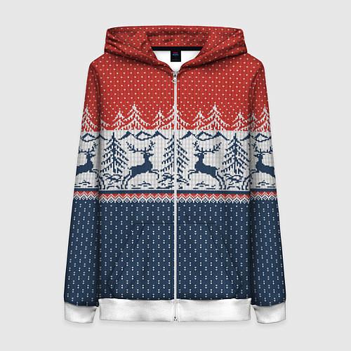 Женская толстовка на молнии Вязаный узор с оленями / 3D-Белый – фото 1