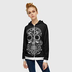 Толстовка на молнии женская Мексиканский череп на черном, цвет: 3D-белый — фото 2