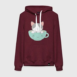 Толстовка-худи хлопковая женская Чайный котик, цвет: меланж-бордовый