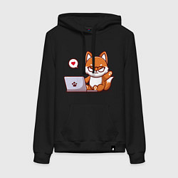 Толстовка-худи хлопковая женская Cute fox and laptop, цвет: черный