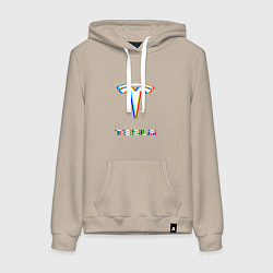 Толстовка-худи хлопковая женская TESLA MOTORS GLITCH ТЕСЛА, цвет: миндальный