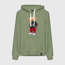 Толстовка-худи хлопковая женская Крутой медвежонок в спортивках, цвет: авокадо