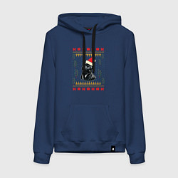 Толстовка-худи хлопковая женская Рождественский свитер Черный мопс, цвет: тёмно-синий