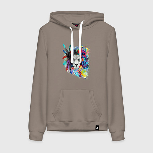 Женская толстовка-худи Лев в цветах и перьях / Утренний латте – фото 1