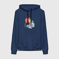 Толстовка-худи хлопковая женская Душа природы Японии - Бушующее море, цвет: тёмно-синий