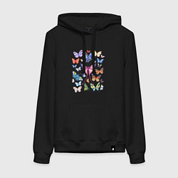 Толстовка-худи хлопковая женская Волшебные бабочки акварелью, цвет: черный