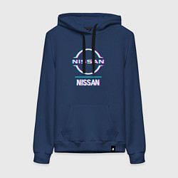 Толстовка-худи хлопковая женская Значок Nissan в стиле glitch, цвет: тёмно-синий