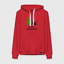 Толстовка-худи хлопковая женская Кот валит новогоднюю ёлку, цвет: красный